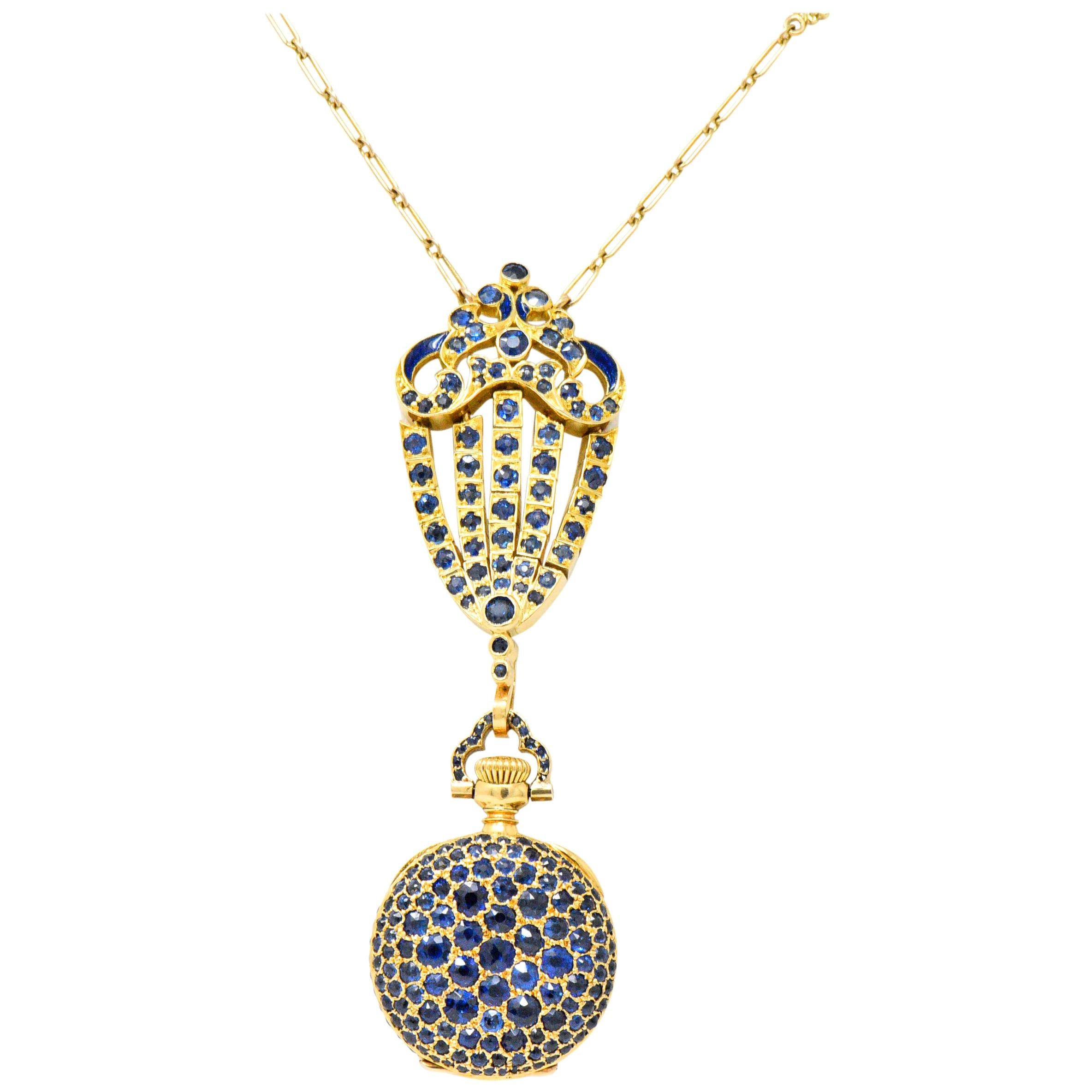 Tiffany & Co. Arts & Crafts Sapphire Enamel 18 Karat Gold Watch Pendant Necklace