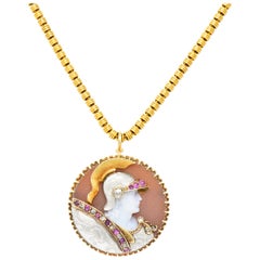 Victorian Hardstone Diamond Ruby Gold Roman Soldier Cameo Pendant Necklace
