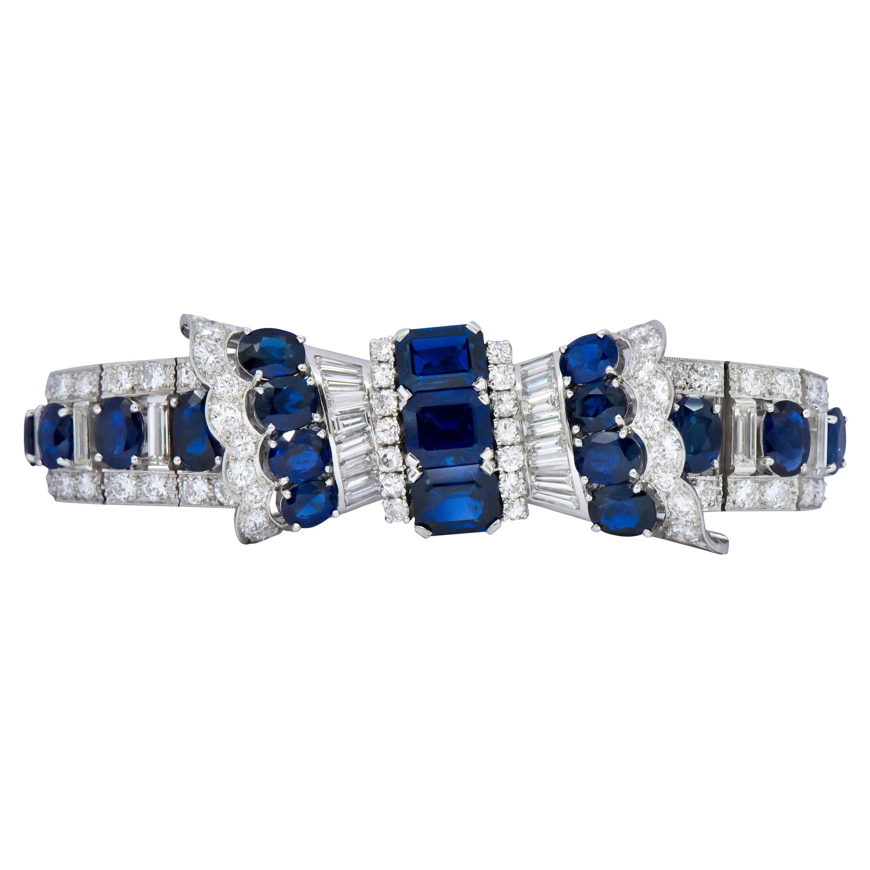1950's Mid-Century 27.50 Carats Sapphire Diamond Platinum Bow Link Bracelet