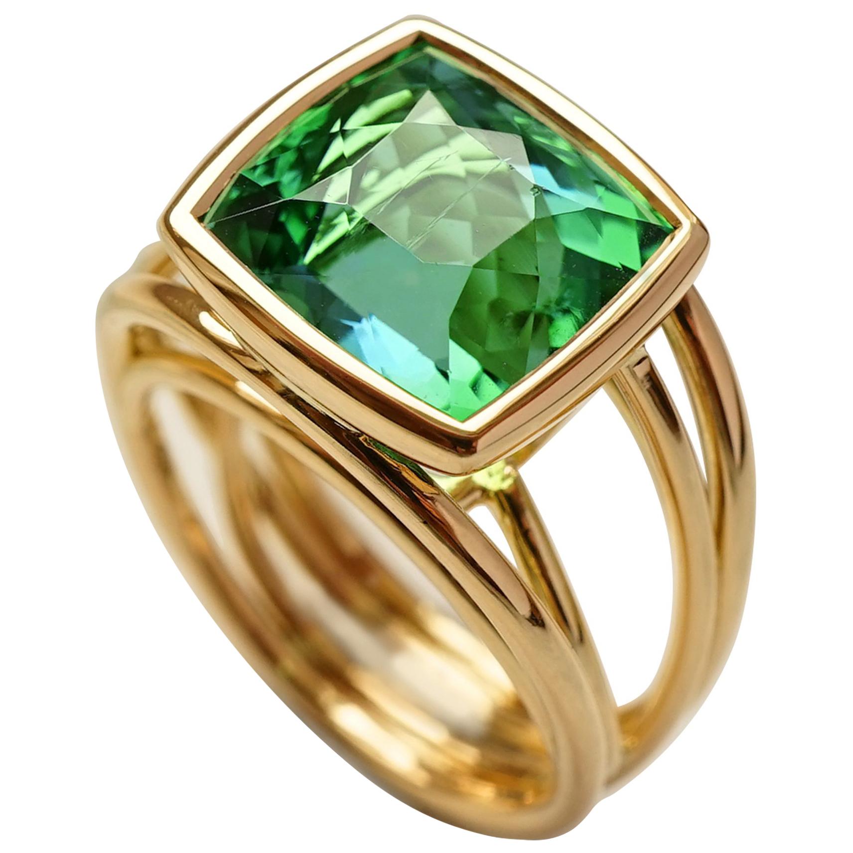 18k Yellow Gold With Green Blue Tourmaline Rope Band Ring For Sale