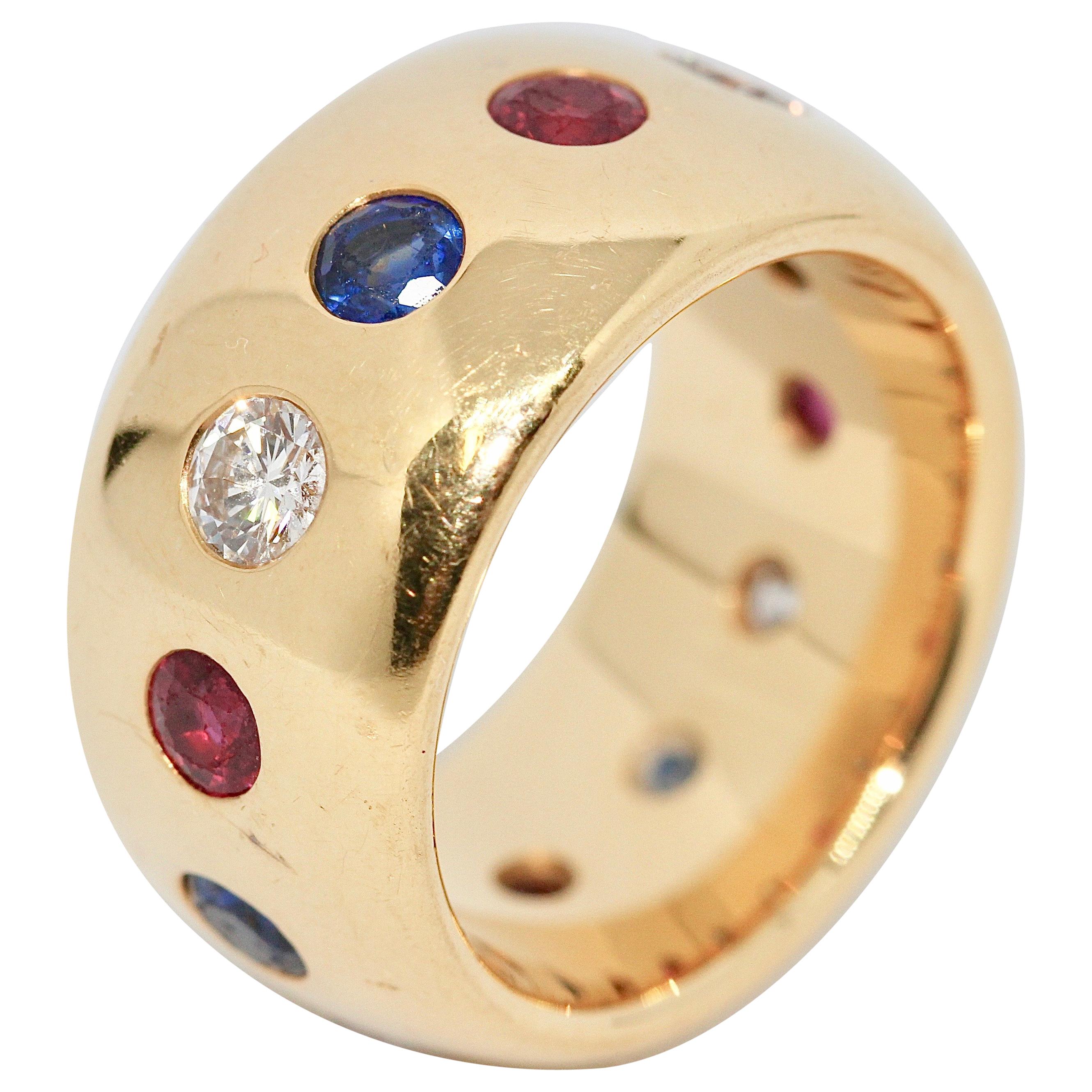 Pretty, Solid 18 Karat Gold Ladies Ring with Diamonds, Sapphires and Rubies