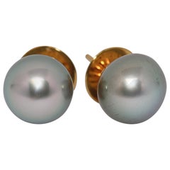 Pretty, Natural Tahiti Pearl Stud Earrings, 18 Karat Gold