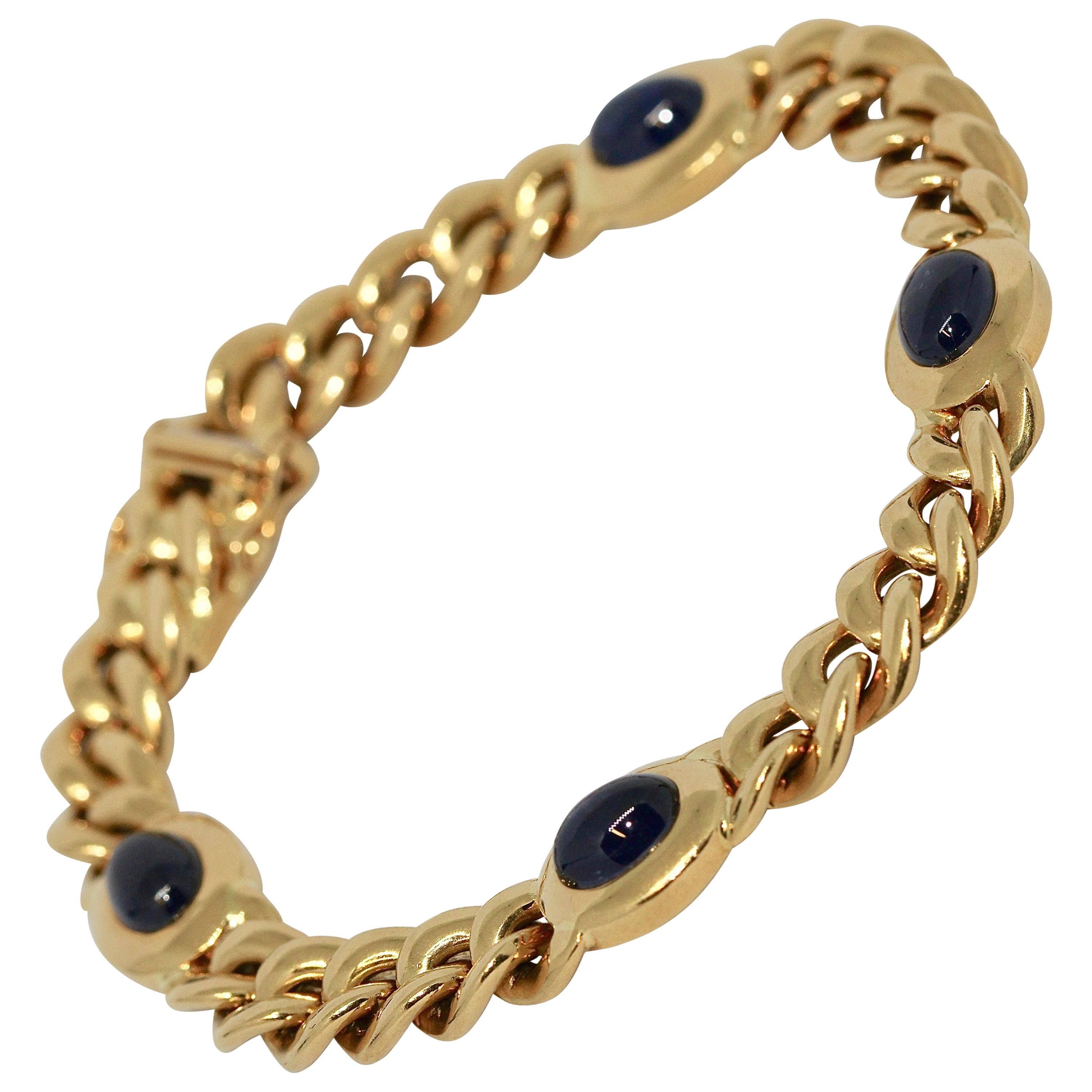 Solid 18 Karat Yellow Gold Bracelet with Four Sapphire Cabochons