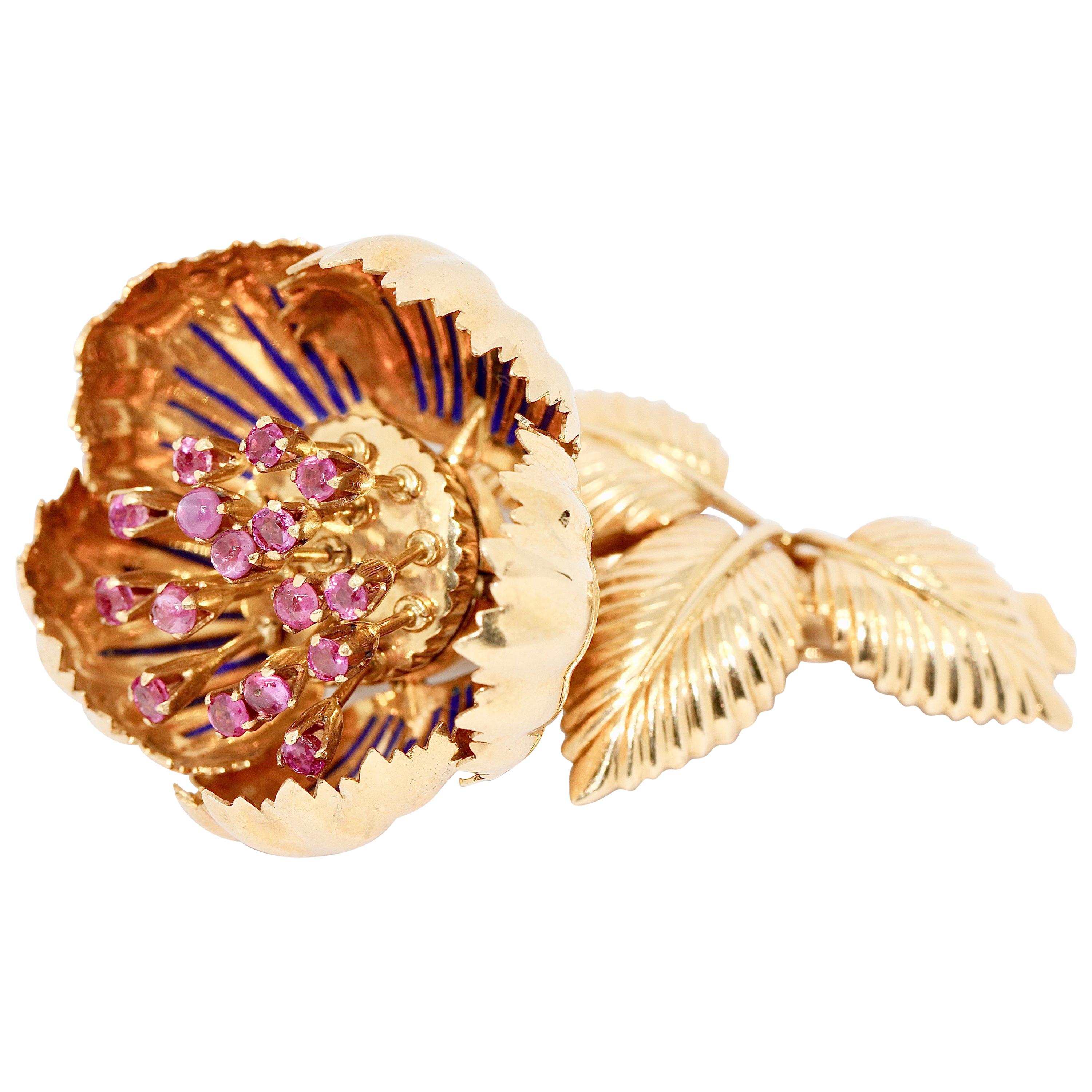Enchanting, 18 Karat Floral Gold Brooch with Movable Petals, Rubies and Enamel For Sale