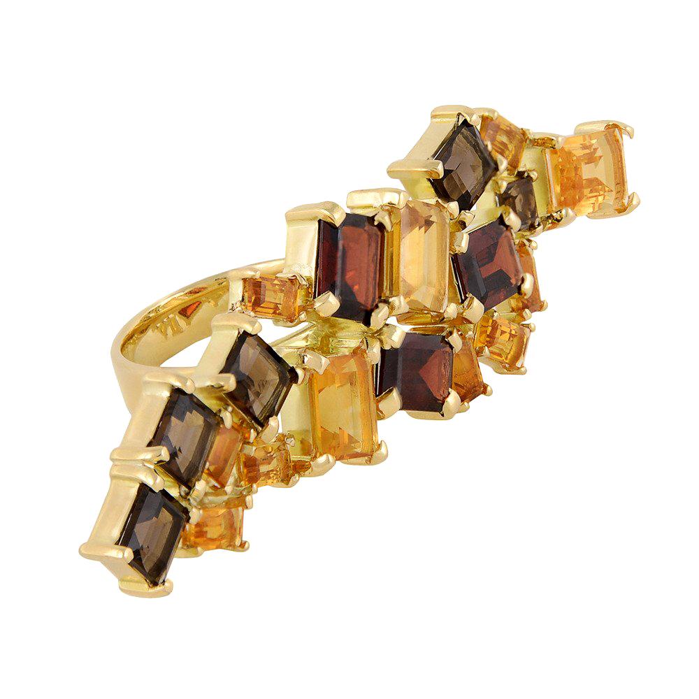 18ct Yellow Gold, Citrine, Garnet and Smokey Quartz Cocktail Ring For Sale