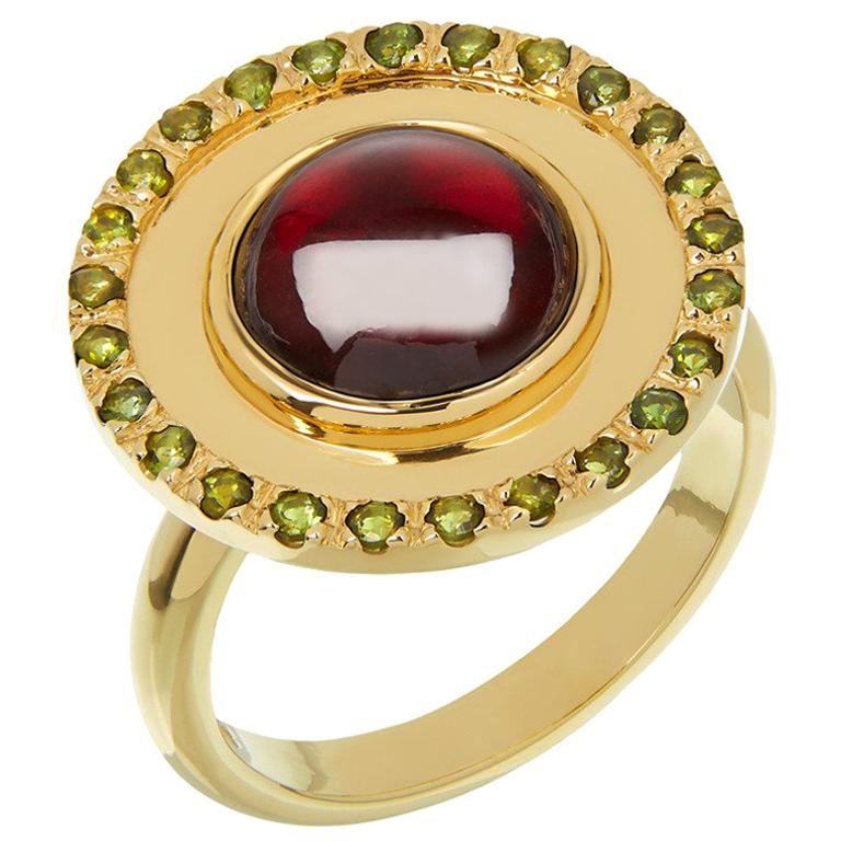 18ct Yellow Gold, Garnet and Green Tourmaline 'Flying Saucer' Ring For Sale