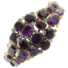 Vintage 1.06 ct Diamonds,  Emeralds, 101.05 ct Amethyst Rose Gold  Silver Bracelet