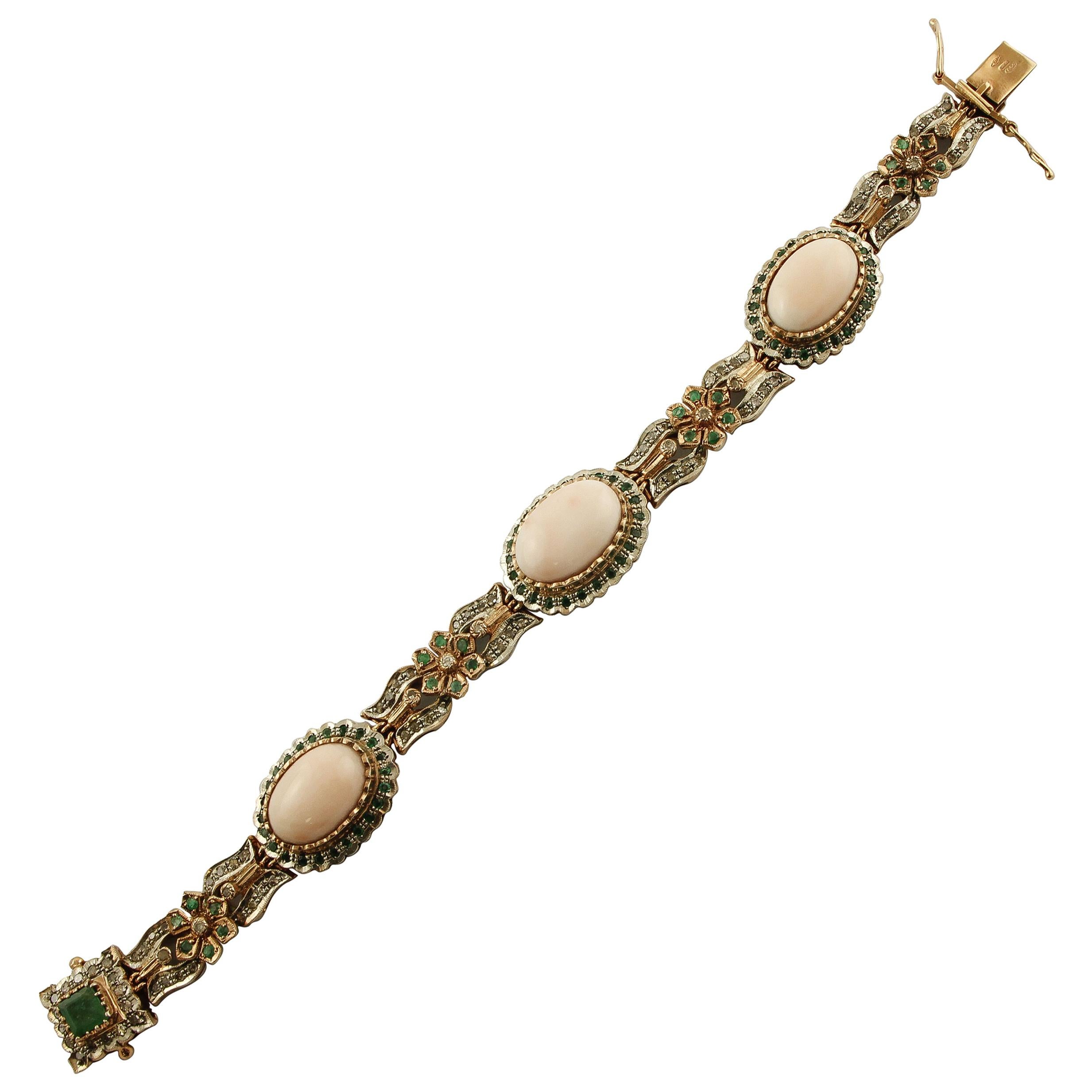 Diamonds, Emeralds, Oval Shape Pink Corals Rose Gold/Silver Link Fashion Bracelet