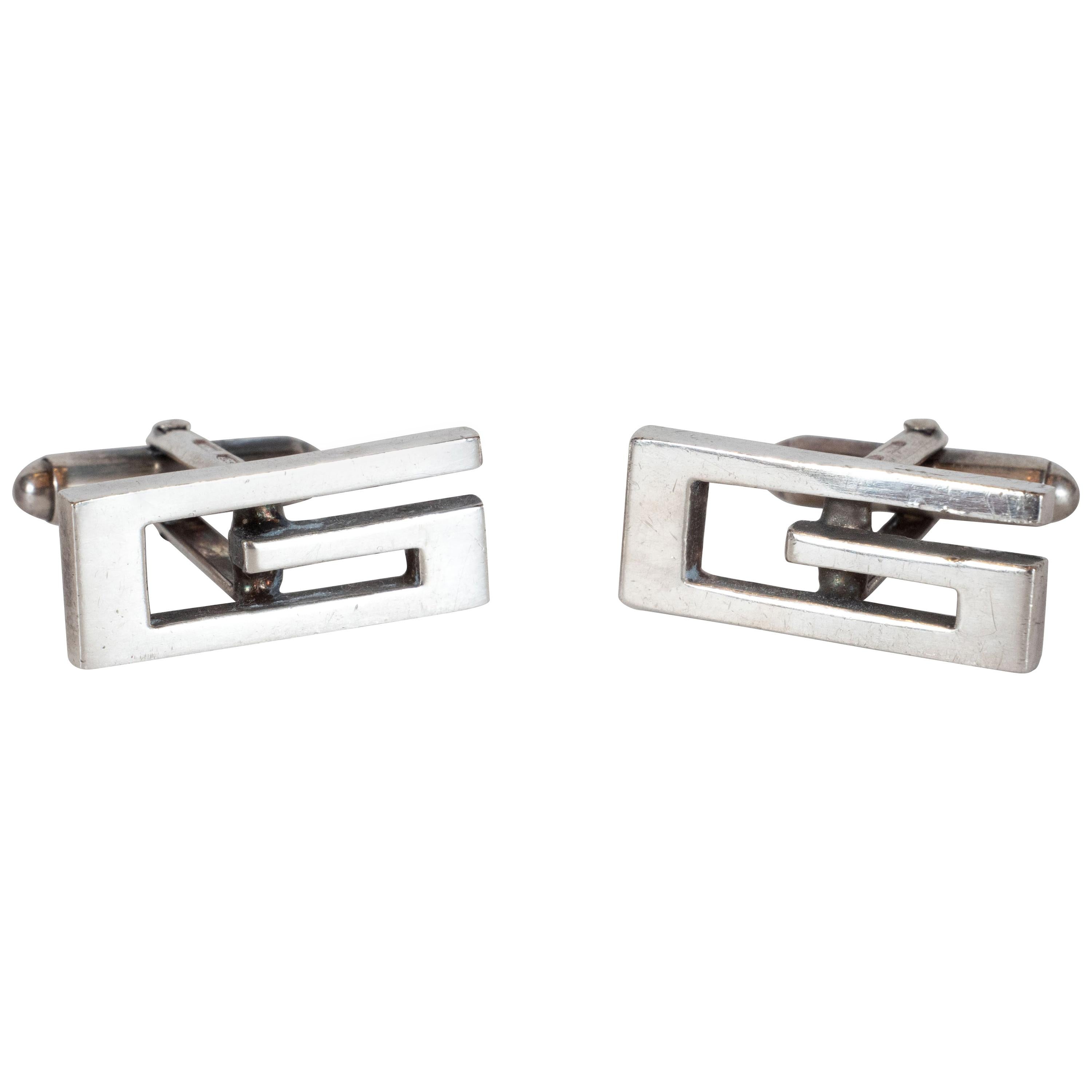 Pair of Modernist Sterling Silver Geometric Signed "G" Cufflinks by Gucci