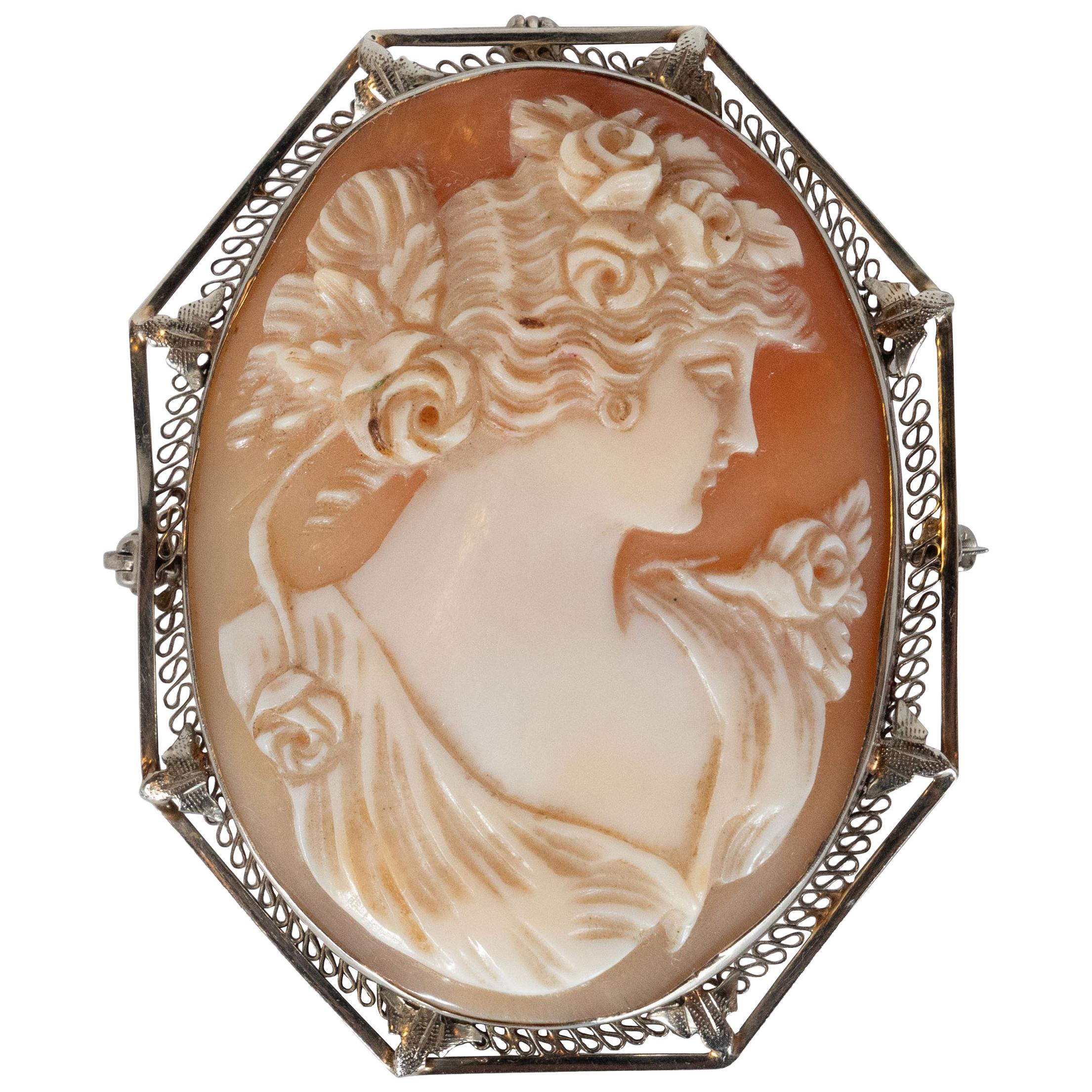 Art Deco Rose & White Carved Shell Portrait Cameo w/ 14kt White Gold Fittings