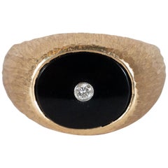 Men's Brushed 14kt Yellow Gold, Black Onyx Brutalist Ring w/ 3 pt. White Diamond