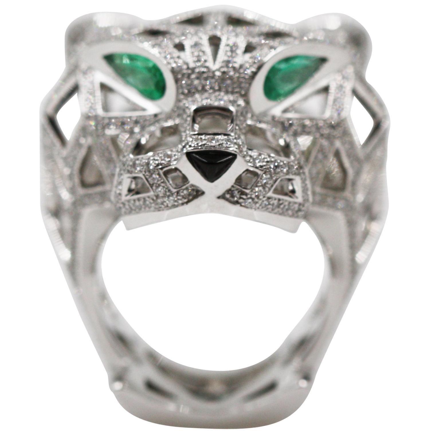 Cartier Panthere De 18 Karat White Gold Ring, Emeralds Onyx Diamonds For Sale