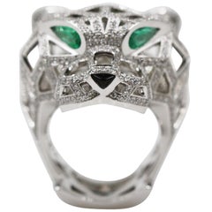 Cartier Panthere De 18 Karat White Gold Ring, Emeralds Onyx Diamonds