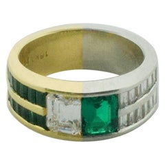 Vintage Custom Designed Emerald and Diamond Wedding Band in 18 Karat Gold and Platinum