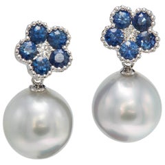 Sapphire Flower Diamond South Sea Pearl Drop Earrings 1.96 Carat 18 Karat