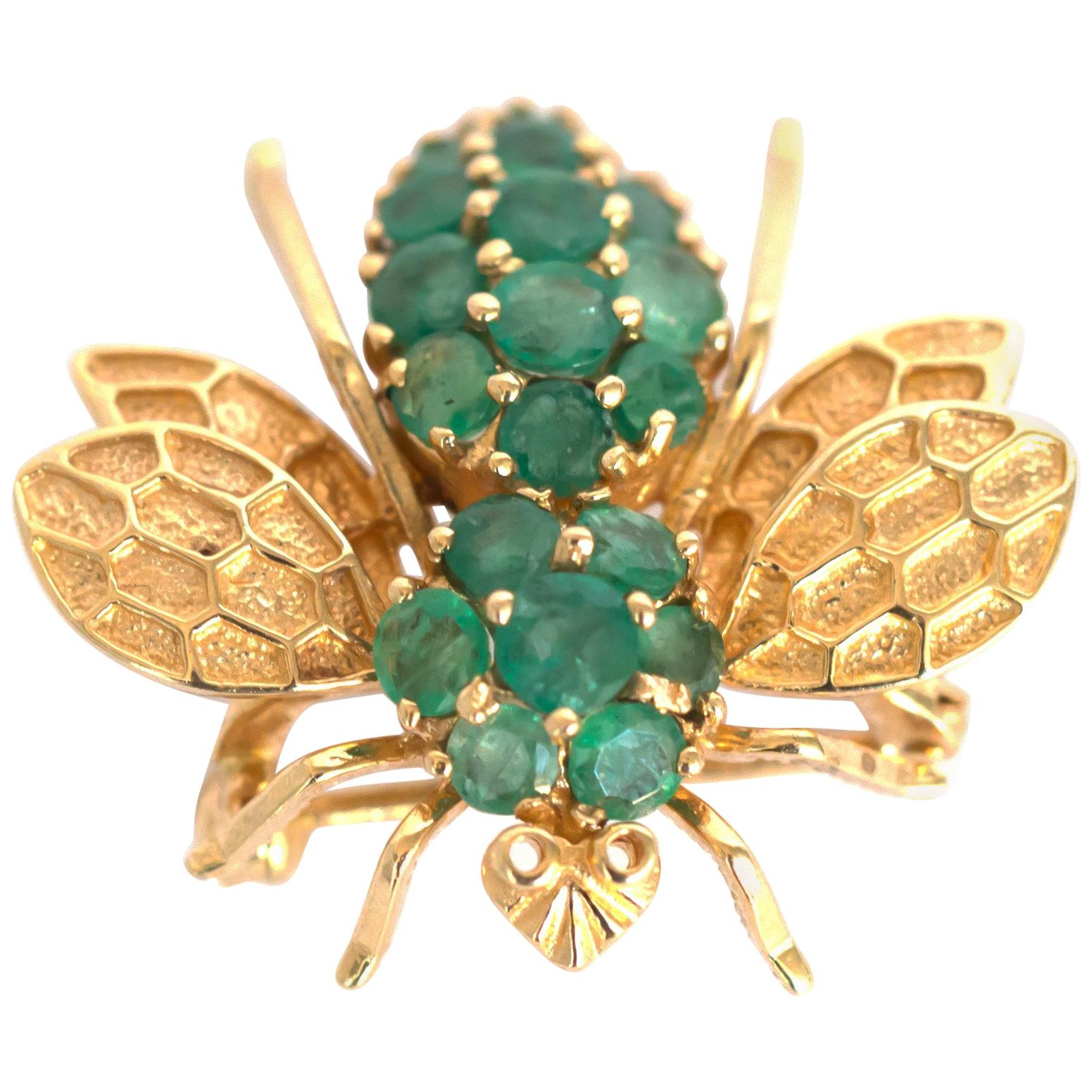 1.25 Carat Total Weight Emerald Yellow Gold Brooch