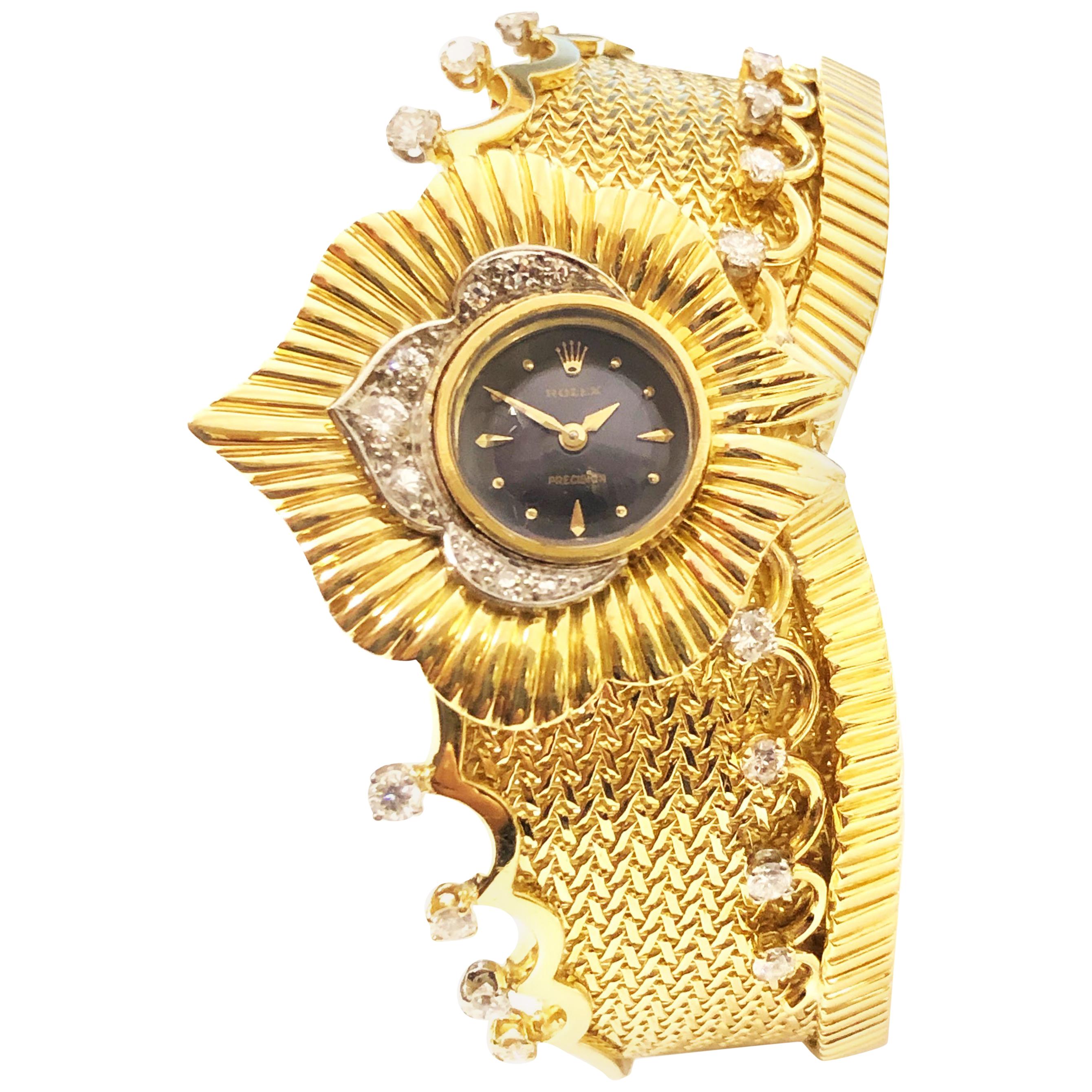 Rolex 1960s Large Yellow Gold and Diamond Bangle Bracelet Watch