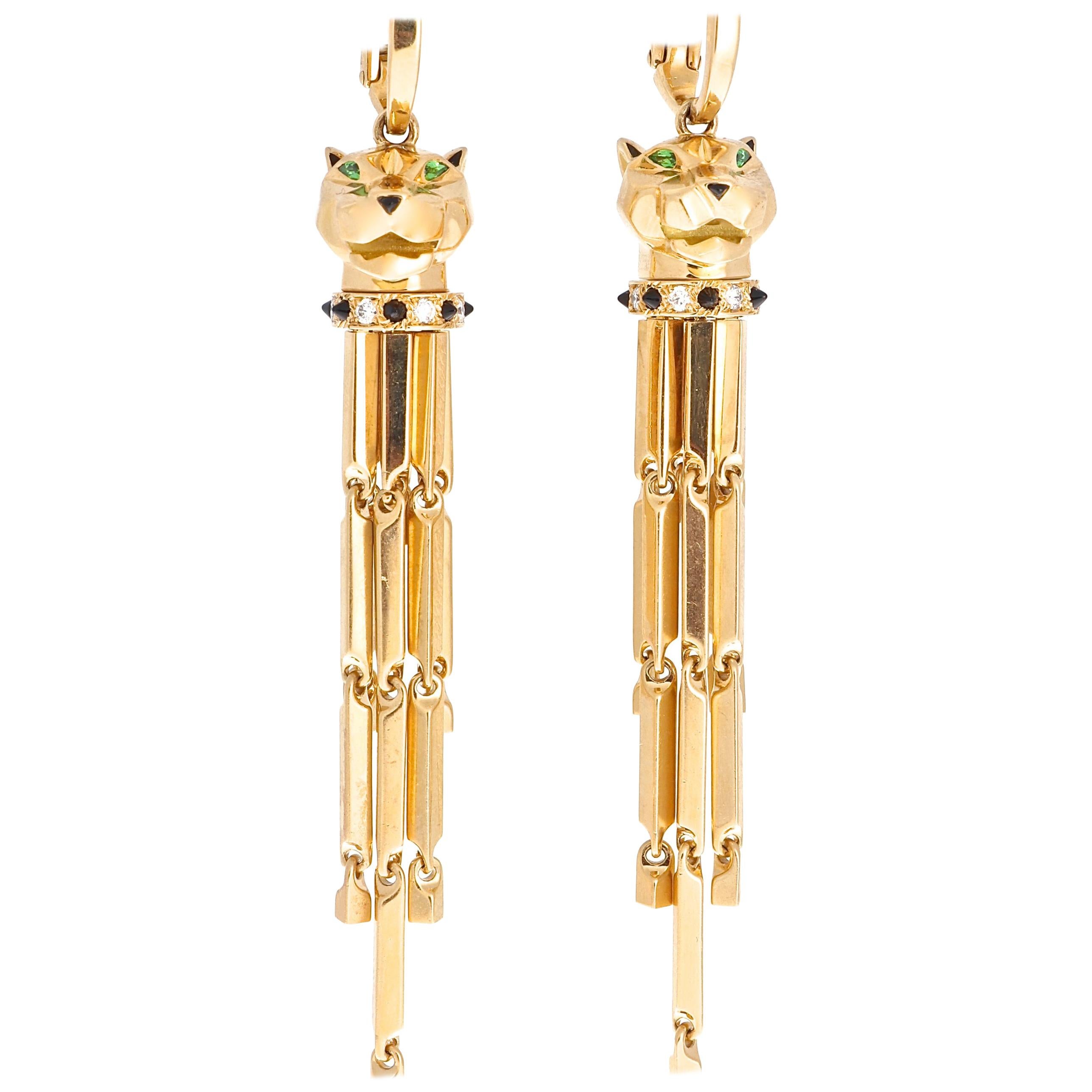 Cartier Panther Gemstone Gold Dangle Earrings