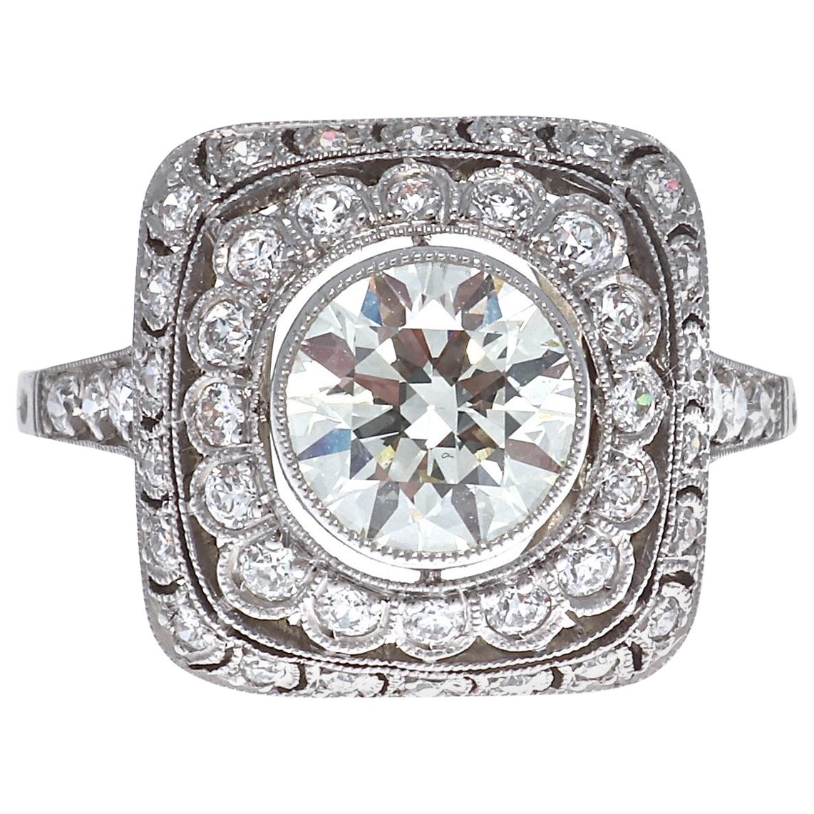 Art Deco Style 1.43 Carat Old European Cut Diamond Platinum Ring