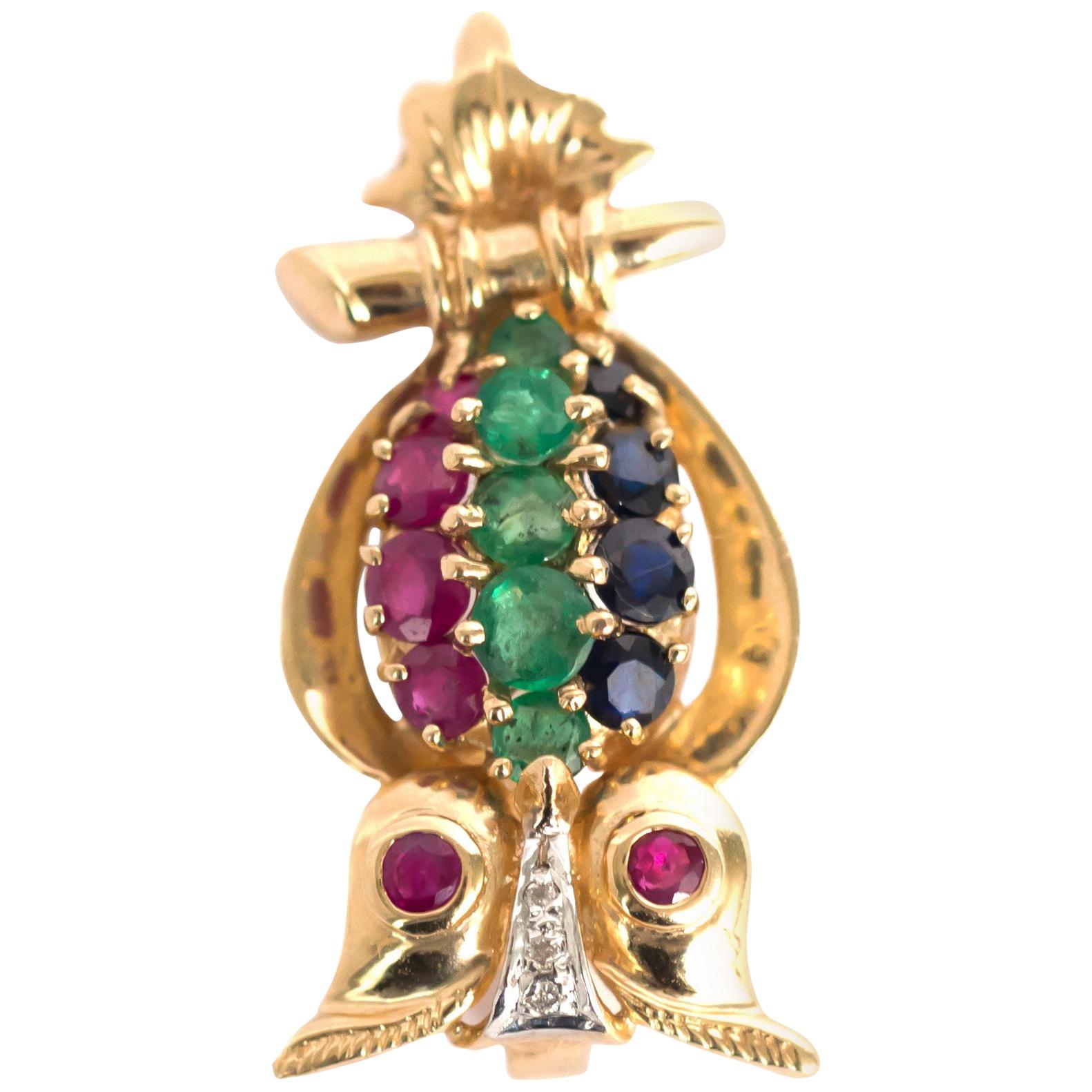 Ruby, Emerald, Sapphire Yellow Gold Brooch For Sale