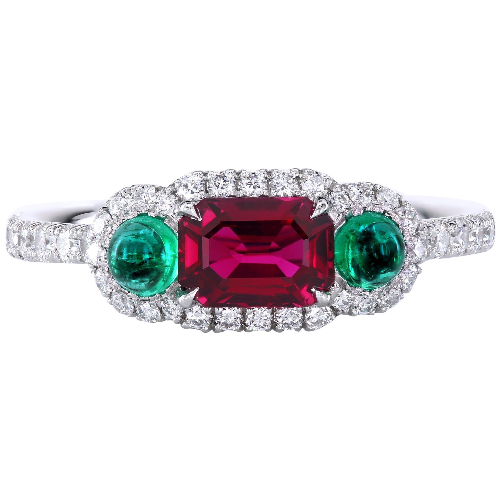 Leon Mege Ruby and Cab Emeralds in Micro Pave Platinum Bespoke Right-Hand Ring