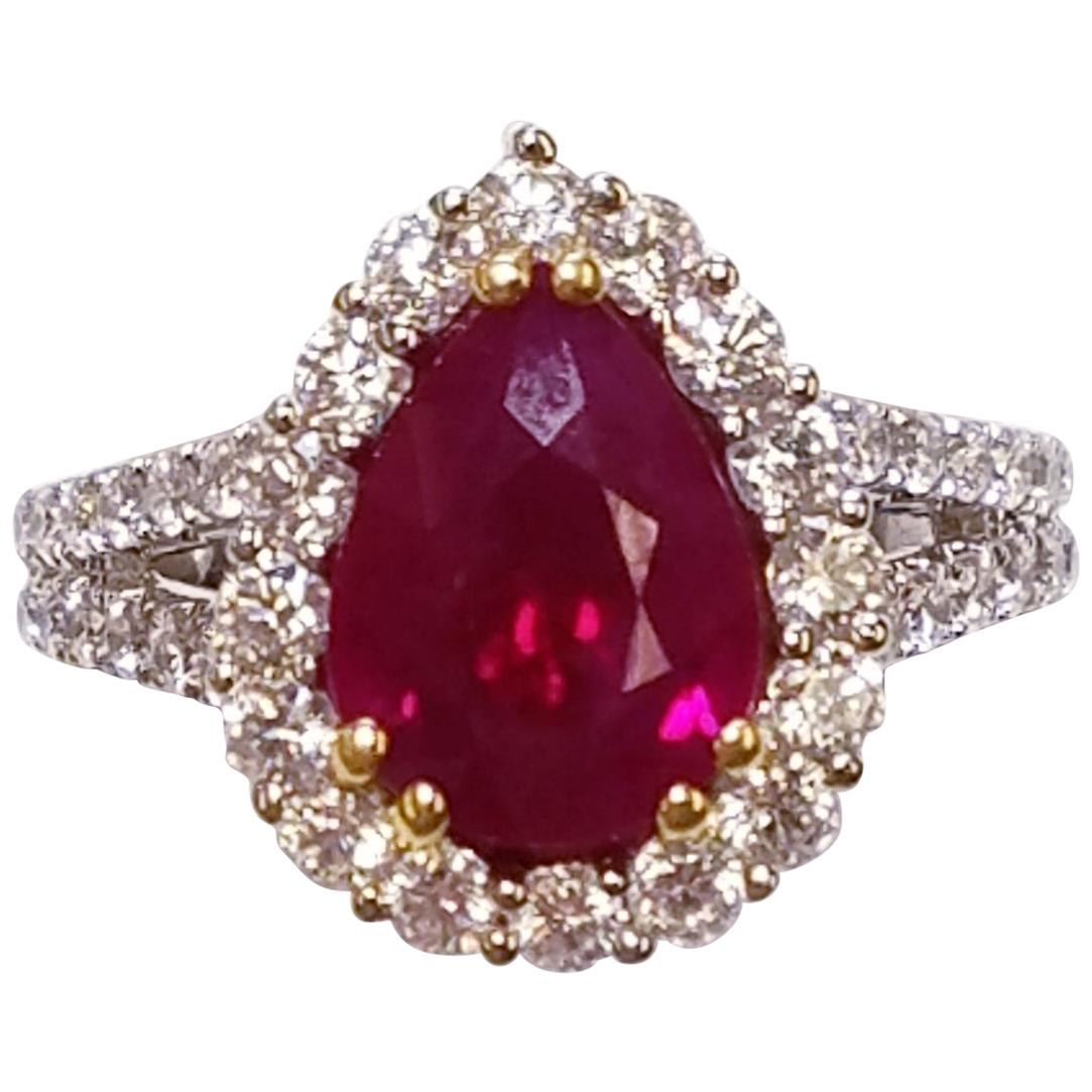 EGL Certified 18 Karat White Gold Pear Cut Ruby and Diamond Ring