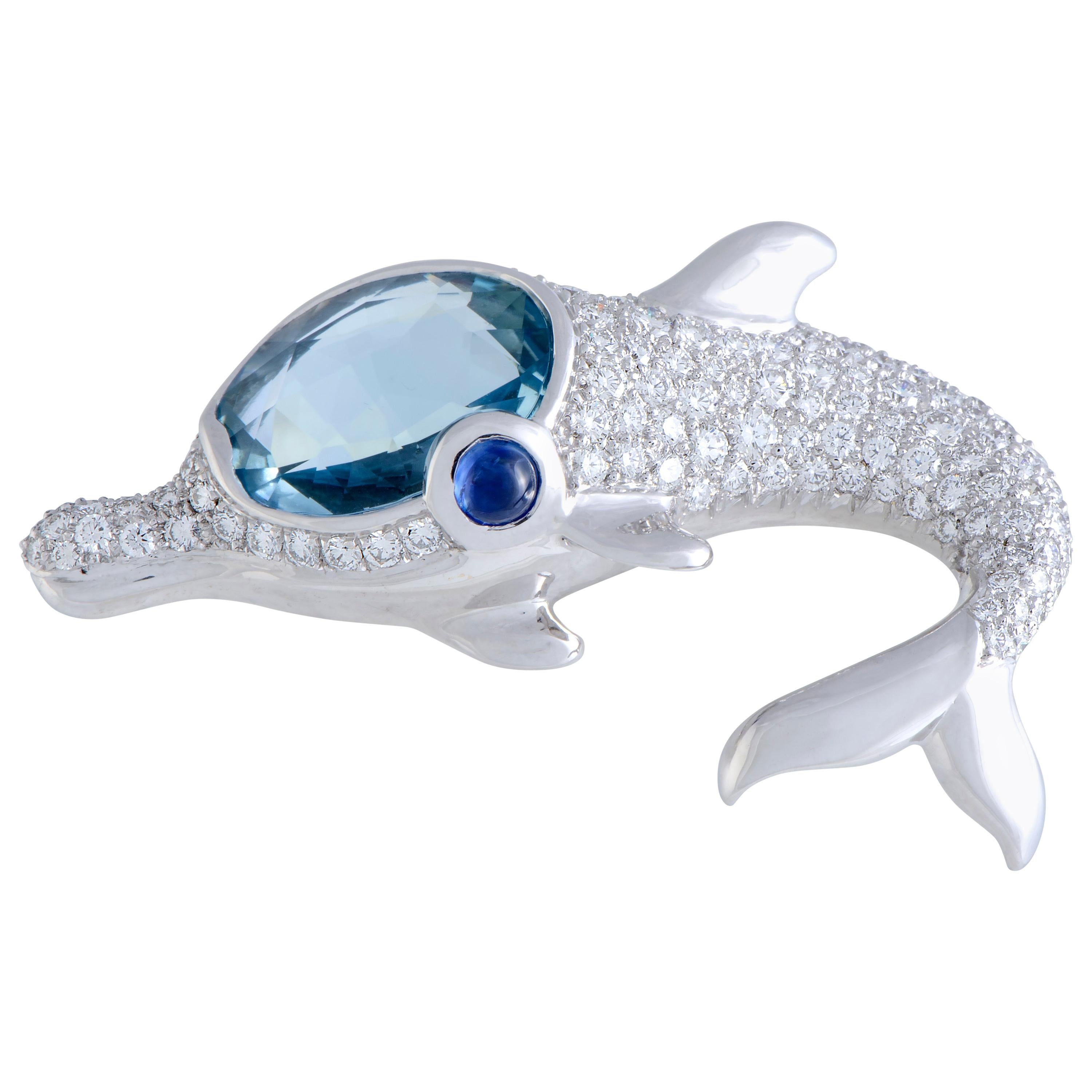 Bulgari White Gold Diamond Pavé, Aquamarine and Sapphire Dolphin Brooch