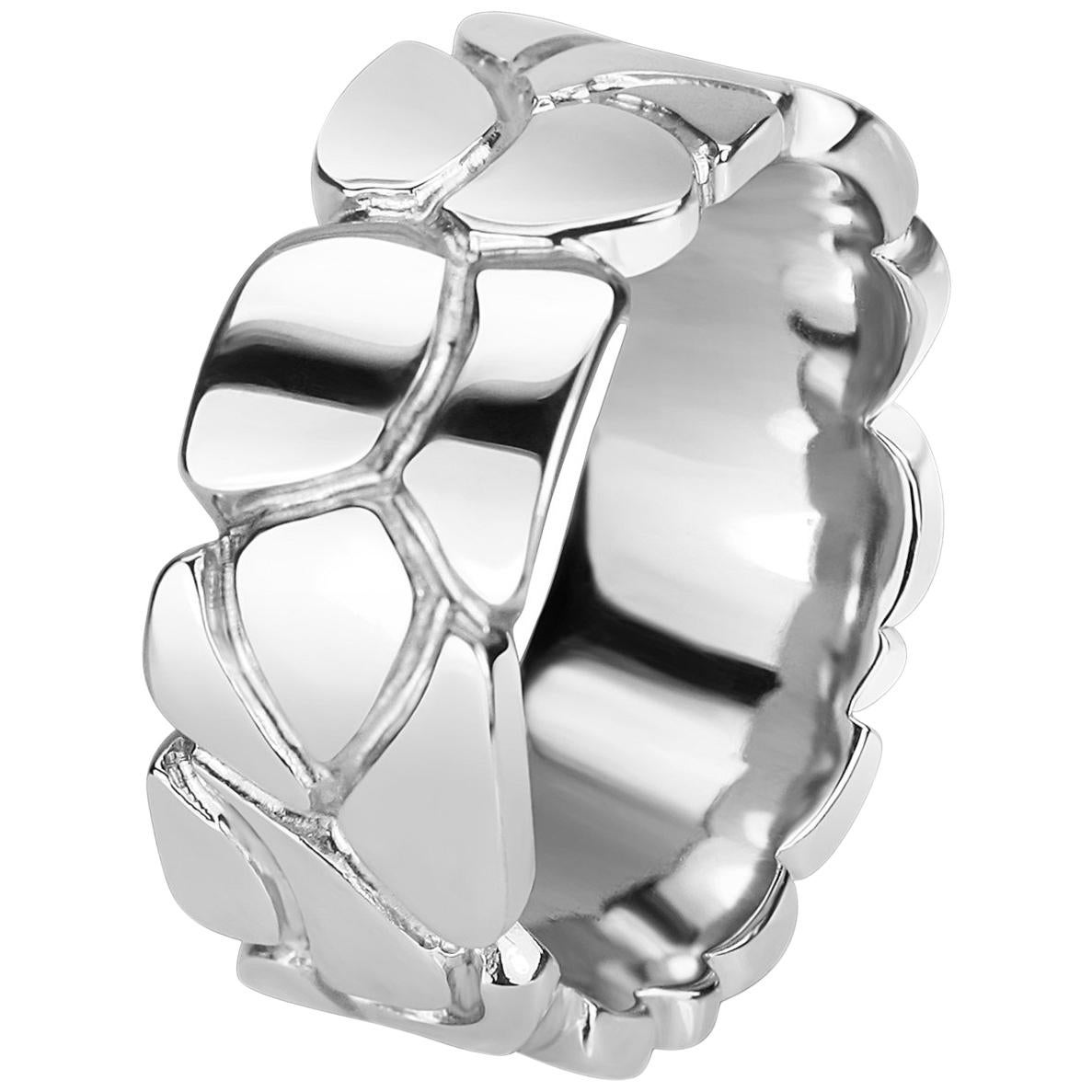 Carved Earth Texture Band in 9 Karat White Gold, Dress Ring or Wedding Band For Sale