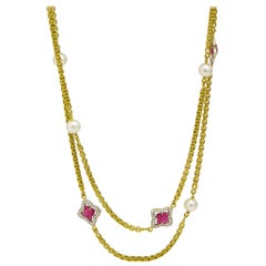 David Yurman 18 Karat Gold Diamond Pearl Pink Tourmaline Quatrefoil Necklace