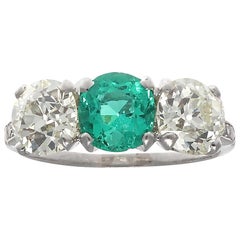 Vintage Emerald Diamond Three-Stone Platinum Ring