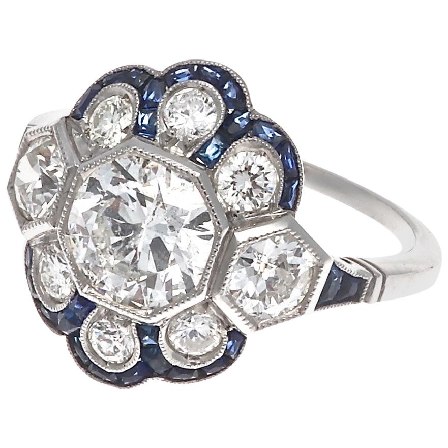 Art Deco Revival 1.13 Carat Diamond Sapphire Platinum Ring