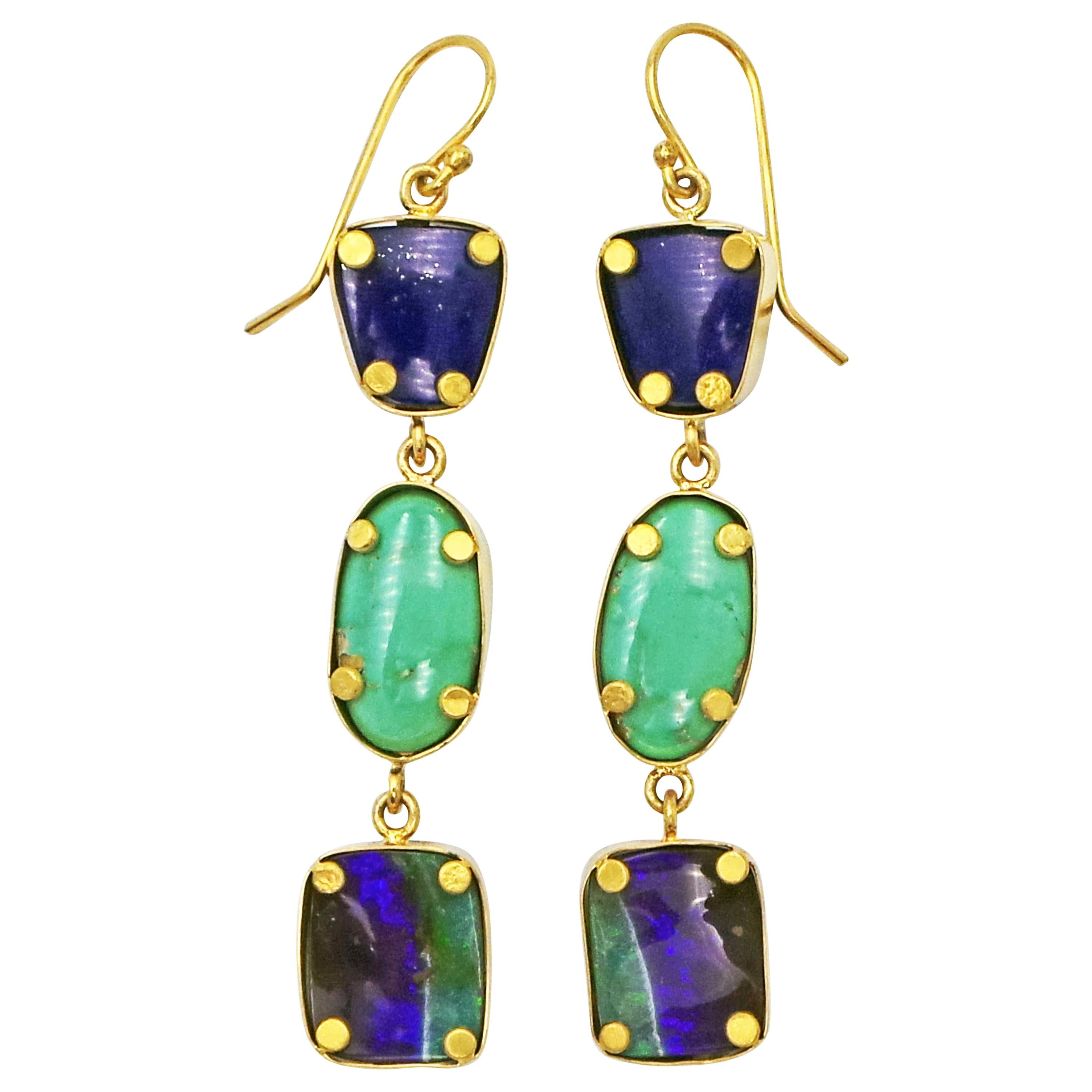 3-Tier Lapis Lazuli, Turquoise and Boulder Opal Gold Dangle Earrings For Sale