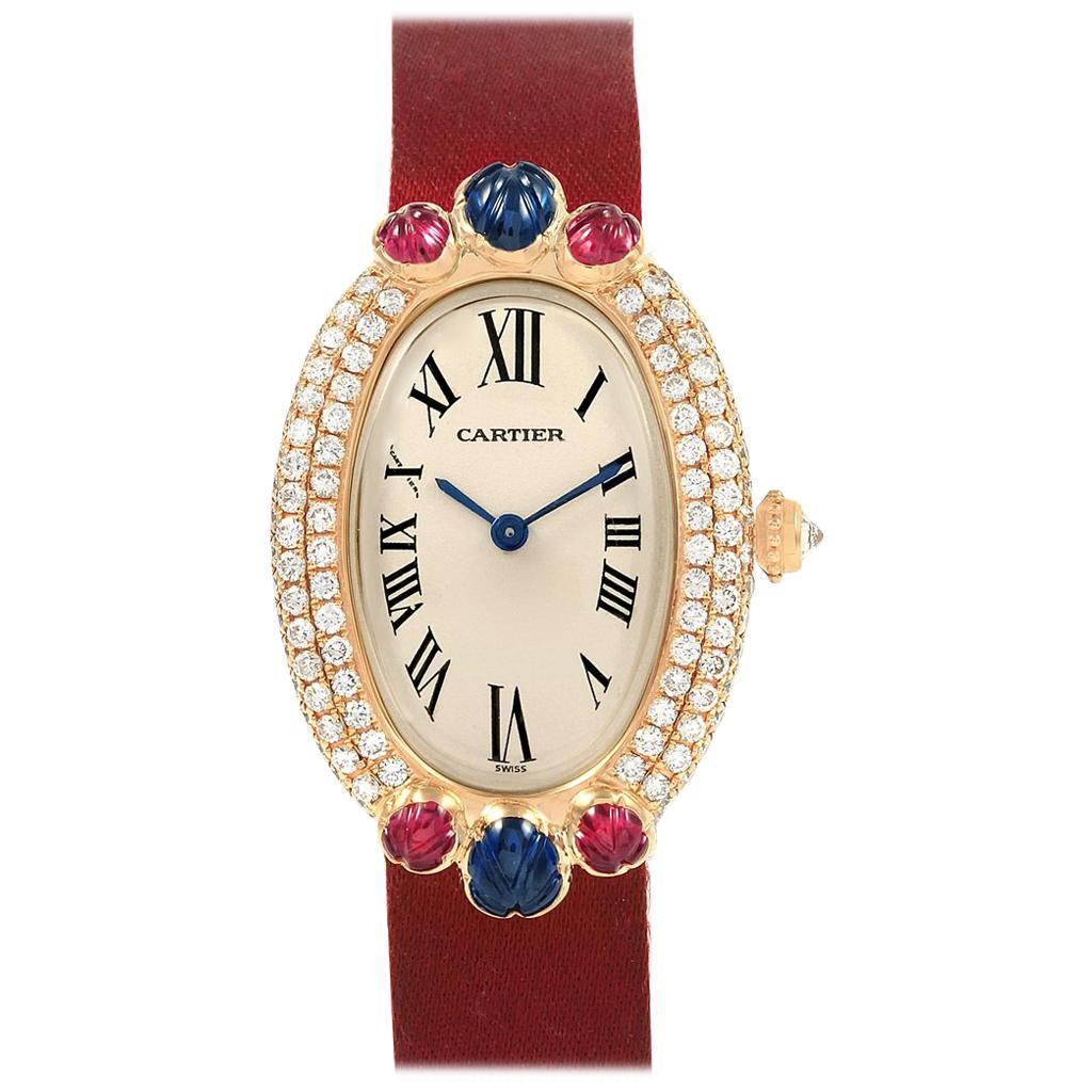 Cartier Baignoire Tutti Frutti Yellow Gold Ruby Sapphire Diamond Watch