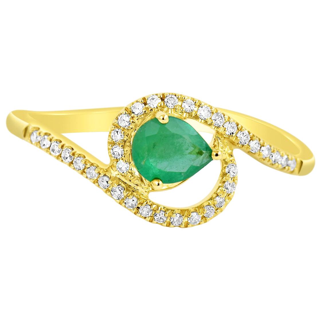 0.30 Carat Natural Pear Emerald Solid Gold Ring with 34 Microset Bright Diamonds For Sale