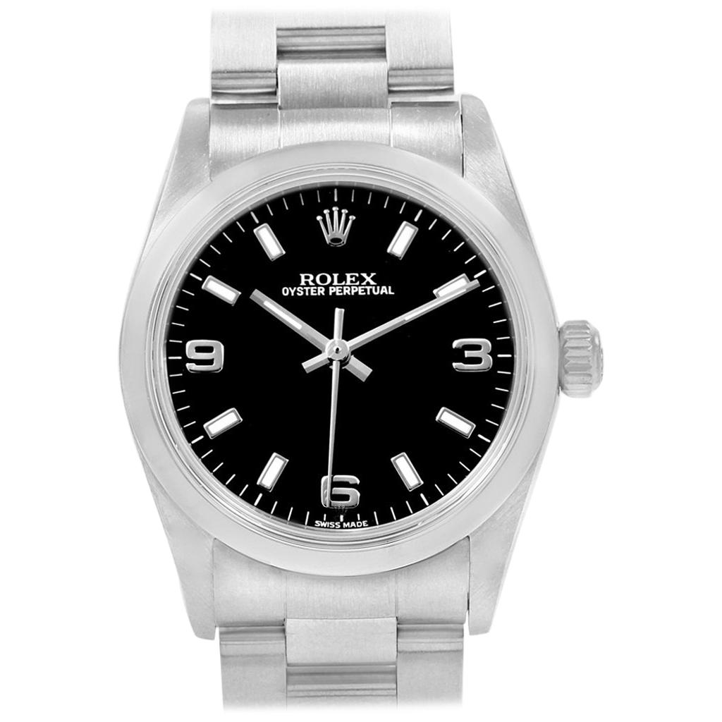 Rolex Midsize Black Dial Smooth Bezel Steel Ladies Watch 77080