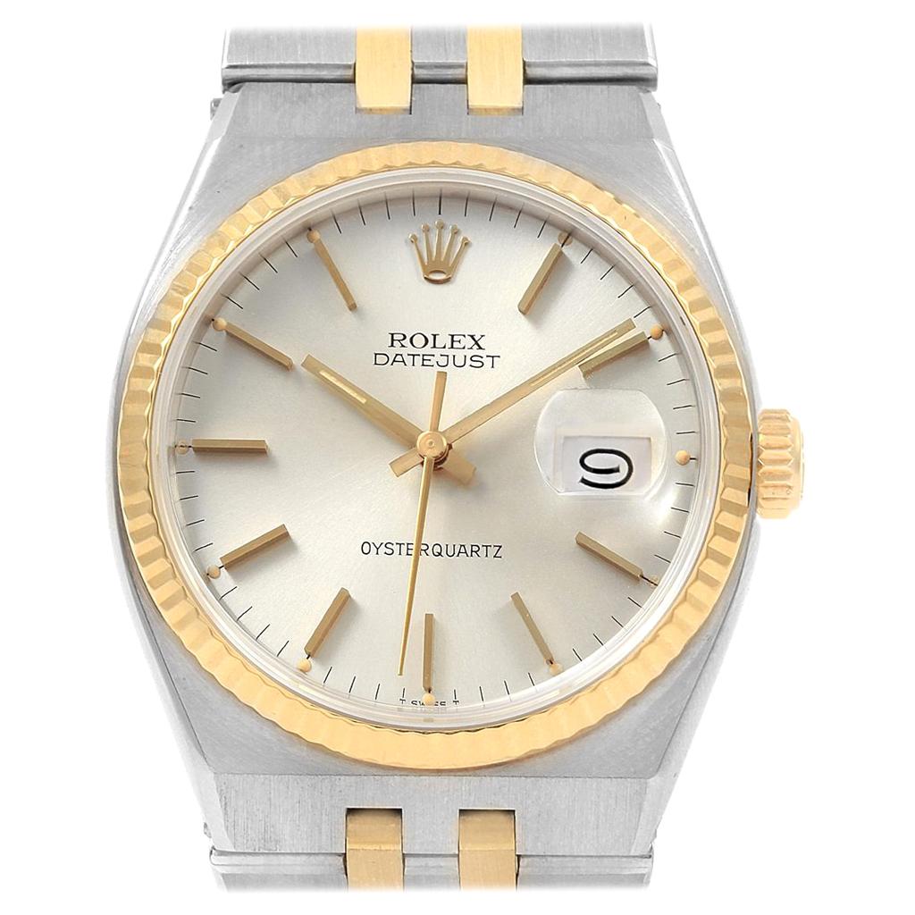 Rolex Oysterquartz Datejust Steel Yellow Gold Silver Dial Watch 17013 For Sale