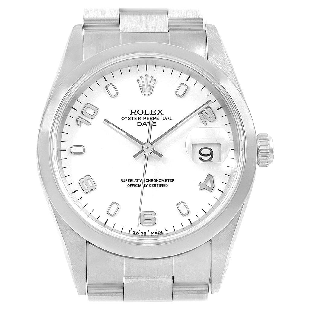 Rolex Date White Arabic Dial Smooth Bezel Steel Men's Watch 15200 Box