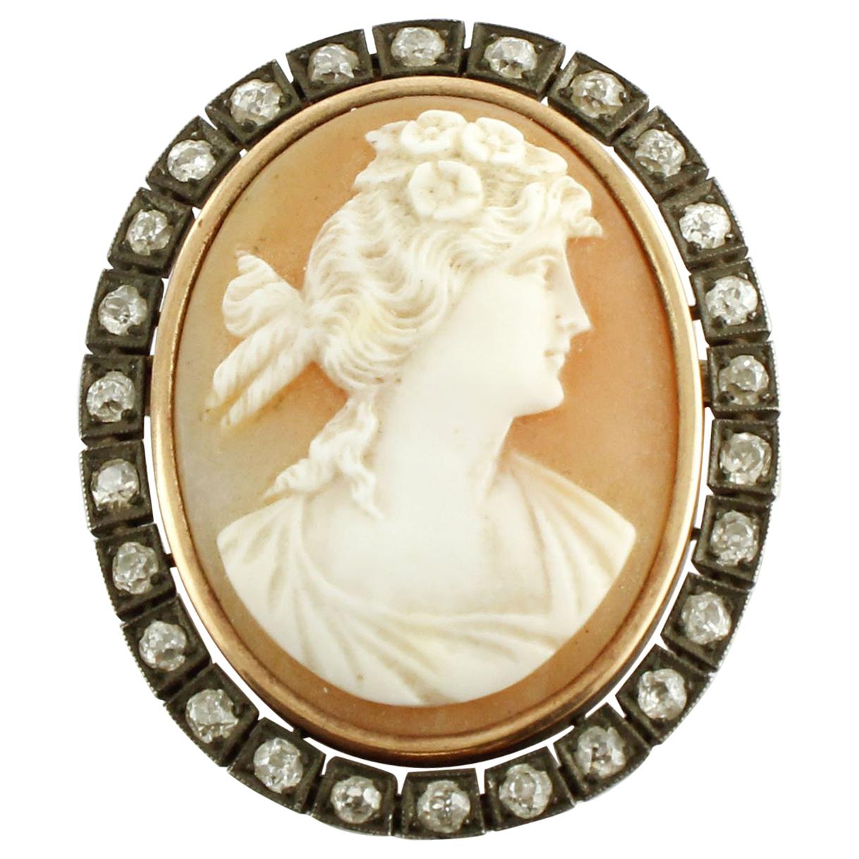 1.05 Carat Diamonds, 3.5 G Carved Cameo, Rose Gold and Silver Retrò Brooch