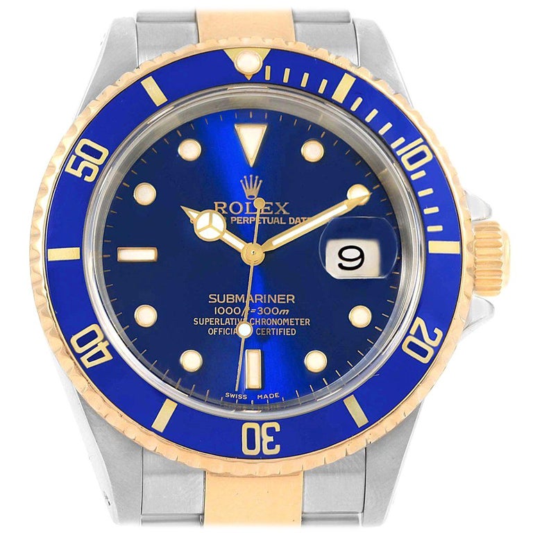 Rolex Submariner Blue Dial Bezel Steel Yellow Gold Men's Watch 16613 at ...