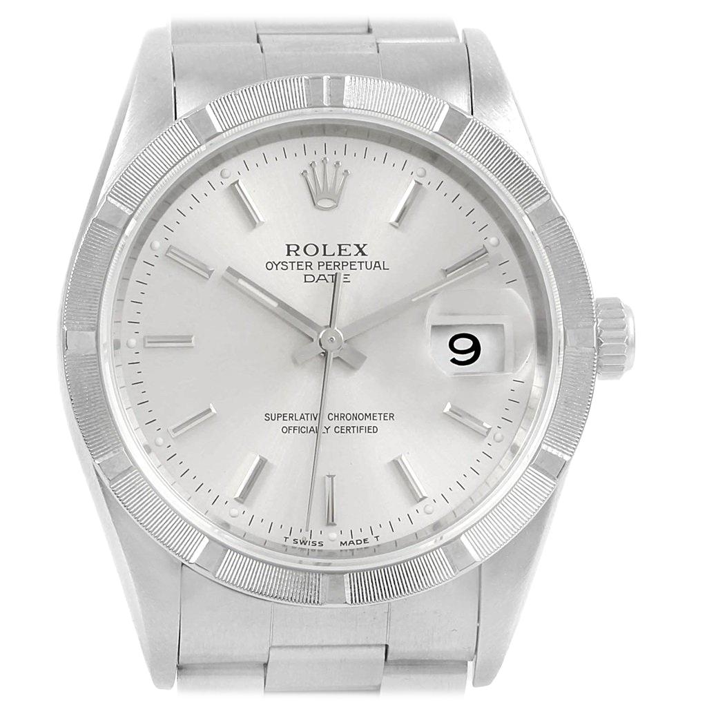 Rolex Date Silver Dial Engine Turned Bezel Steel Men's Watch 15210