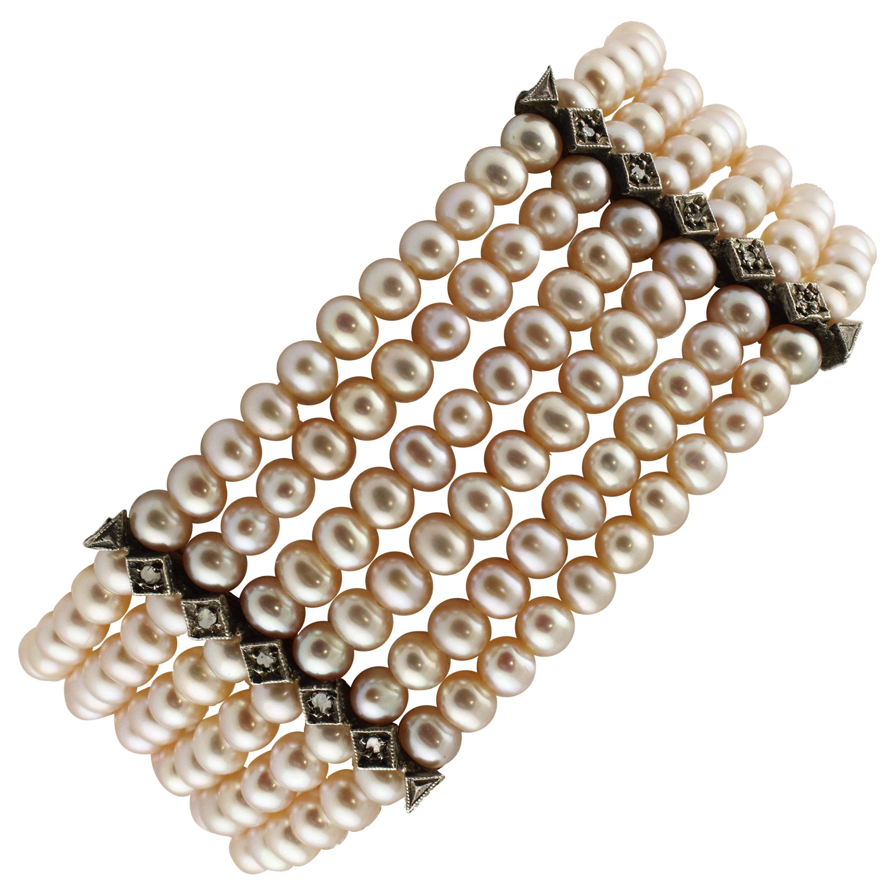  Diamonds, 23.40g Pink Little Pearls Rows Rose Gold Silver Beaded Bracelet For Sale
