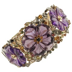 Diamante, rubí, zafiro, tsavoritas, peridotos, amatistas Pulsera de plata dorada