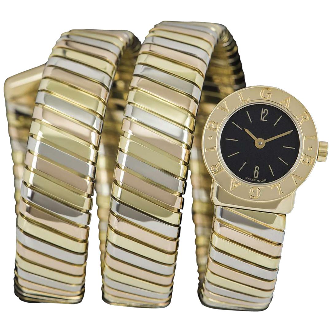 Bvlgari Tubogas Ladies Tri-Gold Black Dial BB191T Quartz Wristwatch
