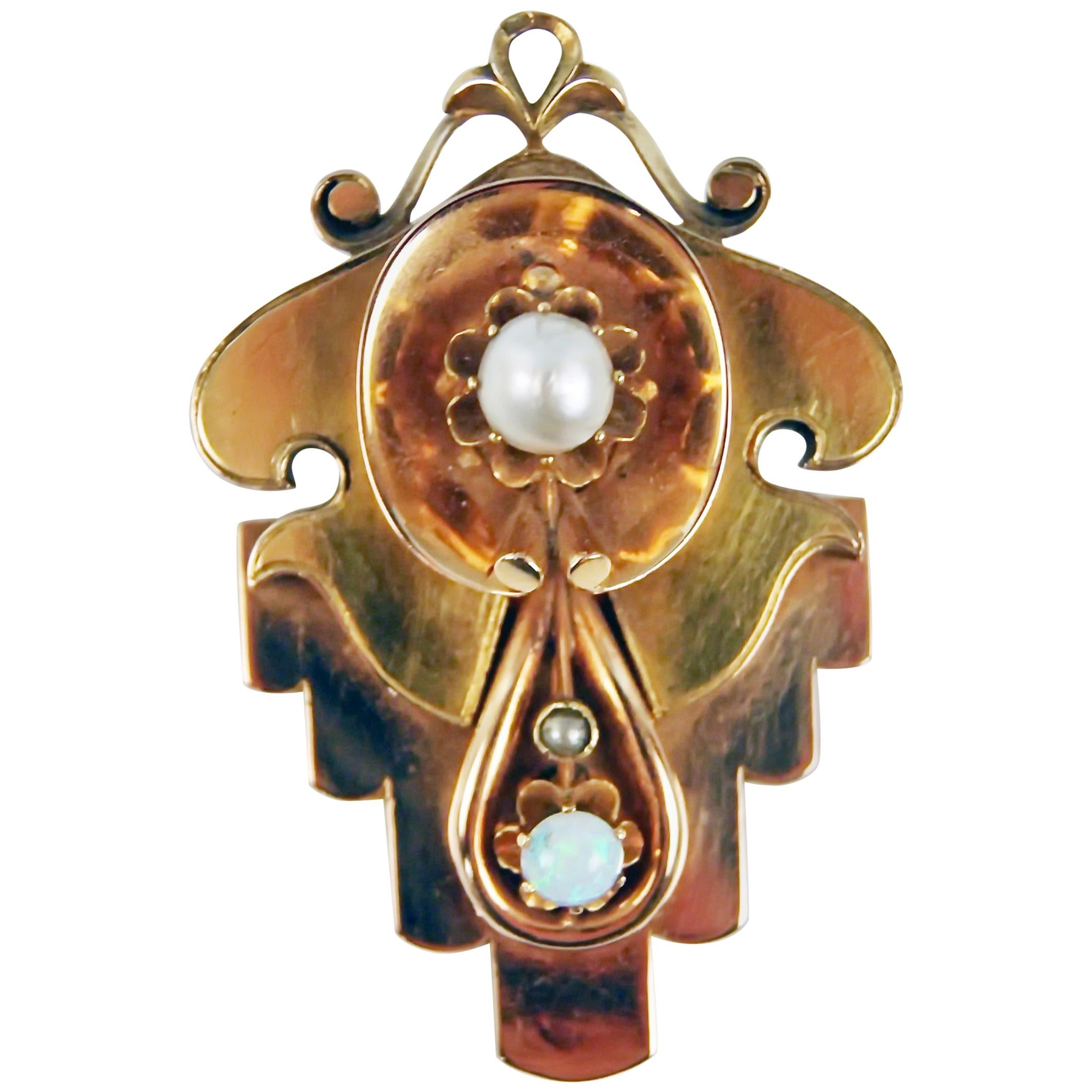 Anhänger-Brosche Gold 585 Zwei Perlen eine Opal Biedermeier-Periode Wien um 1850 im Angebot