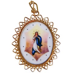 Pendant Gold 585 Porcelain Madonna Painted Austrian-Hungarian Monarchy