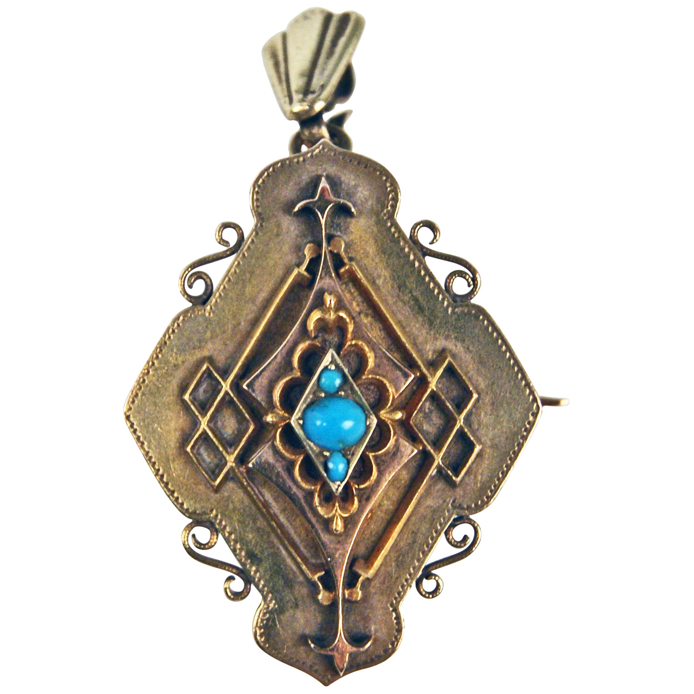 Pendant Brooch Gold 585 Three Turquoises Biedermeier Period Vienna circa 1850 For Sale