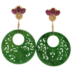 Jade 18 Karat Yellow Gold Ruby and Diamonds Drop Earrings