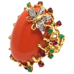 Vintage Yellow Gold Cocktail Dress Coral Ruby Emerald Diamond Butterfly Ring