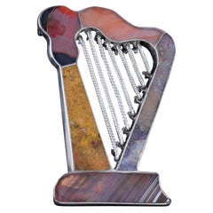 Antique Victorian Scottish Agate Harp Brooch Silver, circa 1860