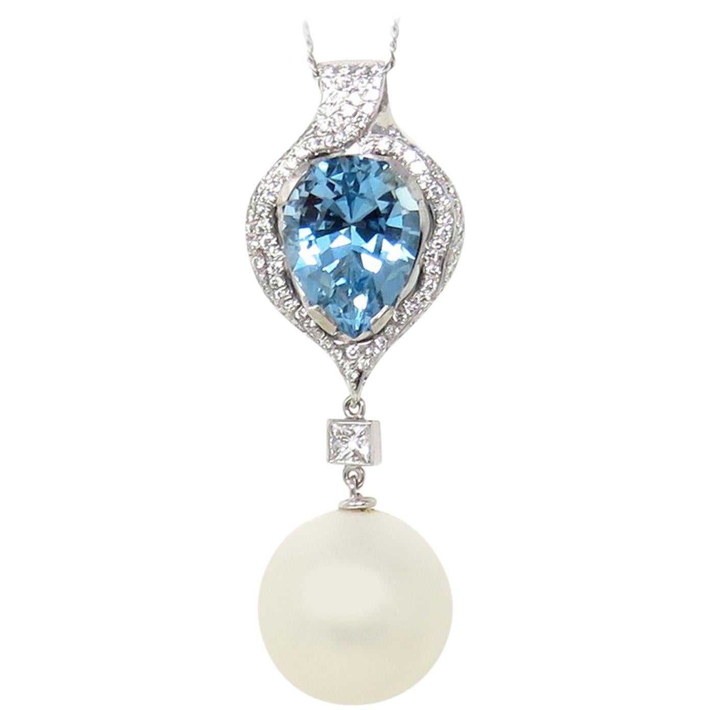 18 Karat Gold Aquamarine South Sea Pearl VS Diamond Necklace Pendant